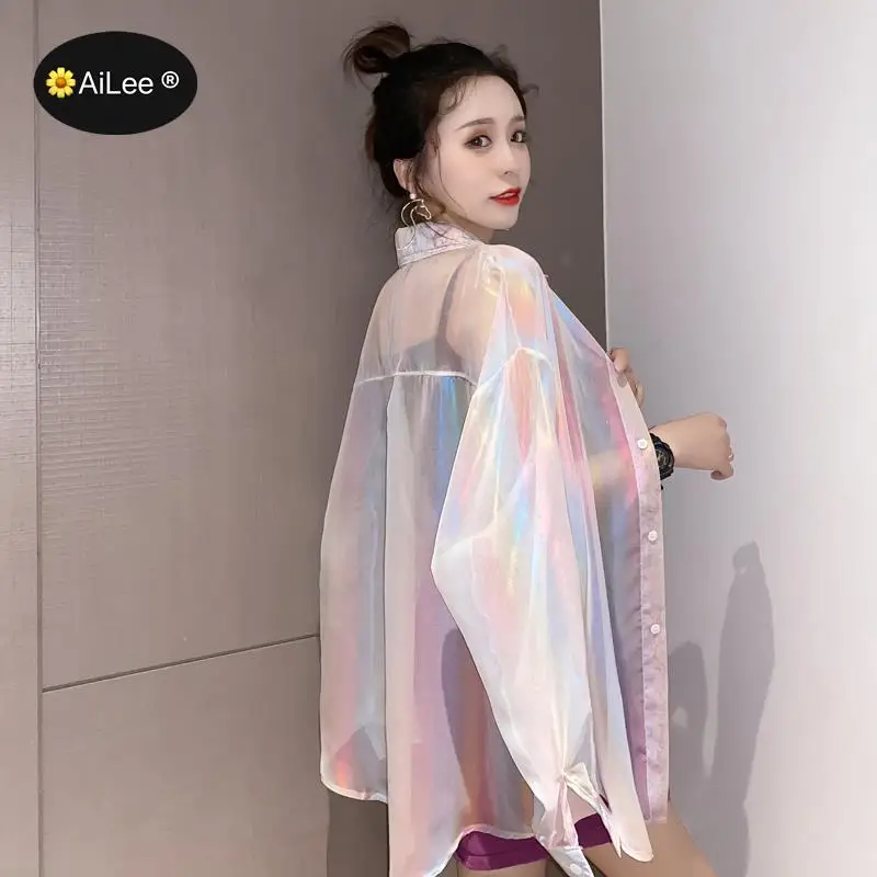 Women Holographic Super Fairy Sweet Silk Shirt Summer Sunproof Party Club Cardigan Long Sleeve Reflective Loose Thin Boho Blouse
Women Holographic Super Fairy Sweet Silk Shirt Summer Sunproof Party Club Cardigan Long Sleeve Reflective Loose Thin Boho Blouse