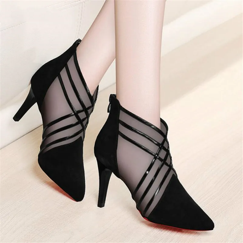 

New woman shoes Spring Fashion Mesh Lace Crossed Stripe Pointed Toe Women High heel pumps Feminine Mujer Sandals 889