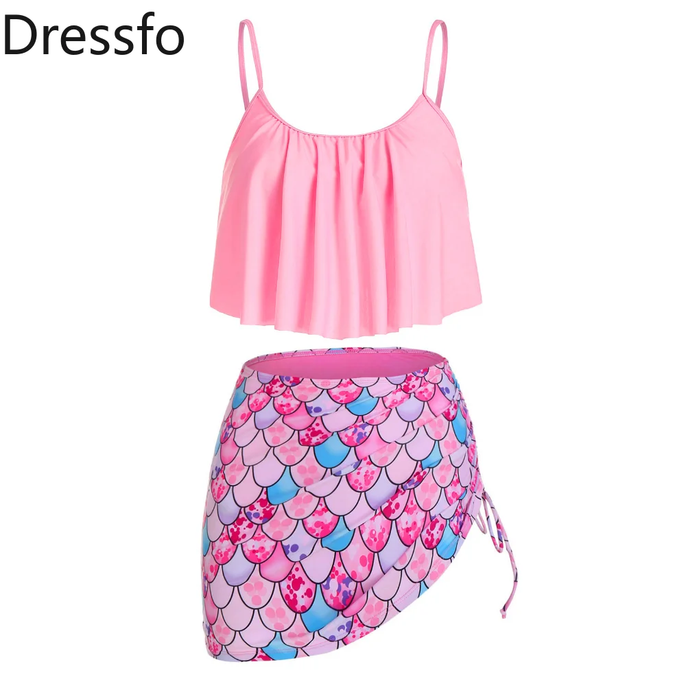 

Dressfo Mermaid Print Cinched Padded Tankini Sets Summer High Waisted Two Piece Swimsuit Holiday Swimwear Bikini Set Women 2023