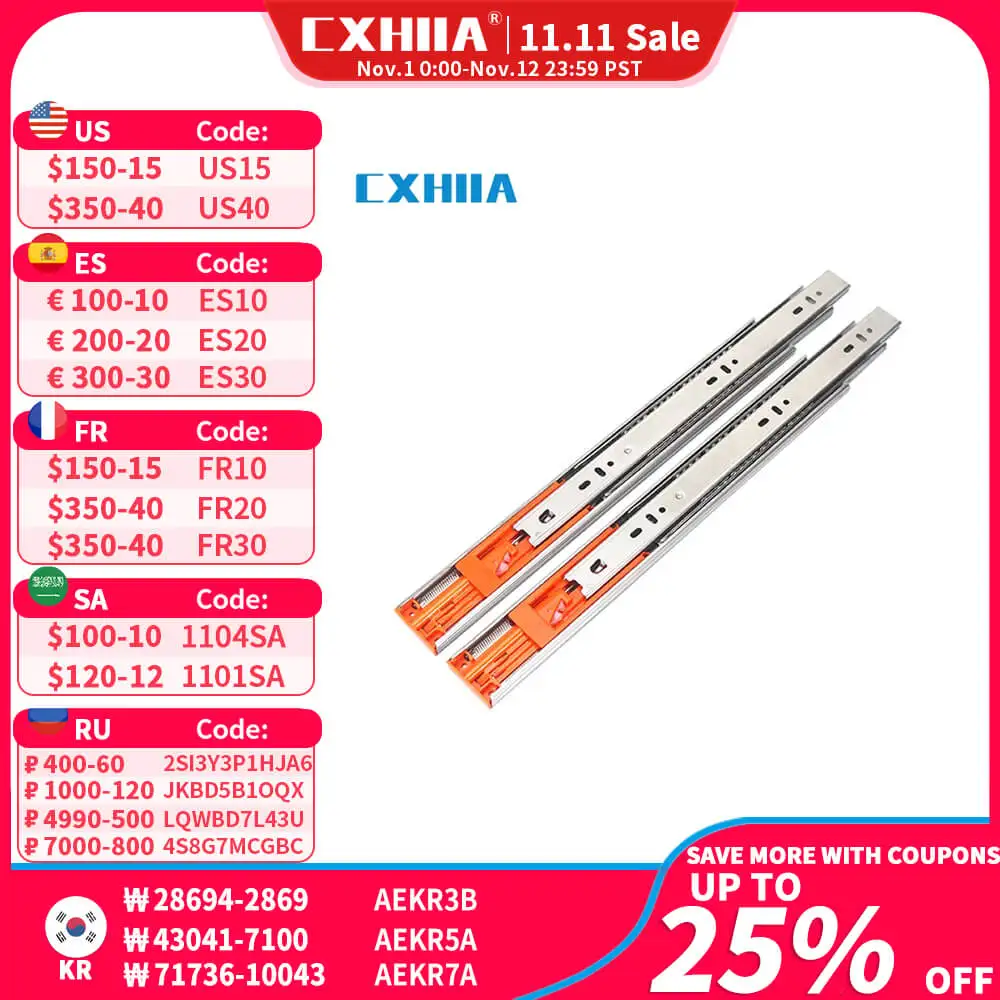 CXHIIA 1 пара шариковых направляющих для выдвижения ящика для амортизации ящиками 250-500 мм , 3-х кратное полного выдвижения, боковое Крепление, 45 ...
CXHIIA 1 пара шариковых направляющих для выдвижения ящика для амортизации ящиками 250-500 мм , 3-х кратное полного выдвижения, боковое Крепление, 45 ...