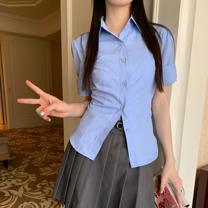 2023 New Summer Chic Women Shirt y2k Vintage Tight Union Blouses Femme Cuffed Short Sleeves White Crop Tops Elegant Blusas Mujer
2023 New Summer Chic Women Shirt y2k Vintage Tight Union Blouses Femme Cuffed Short Sleeves White Crop Tops Elegant Blusas Mujer