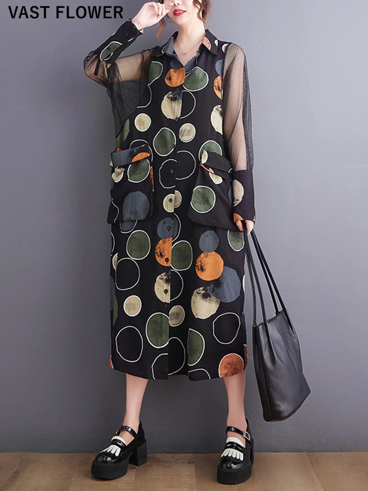 Patchwork Mesh Black Vintage Polka Dot Print Dresses For Women New Loose Casual Long Summer Dress Fashion Elegant Clothing 2022
Patchwork Mesh Black Vintage Polka Dot Print Dresses For Women New Loose Casual Long Summer Dress Fashion Elegant Clothing 2022