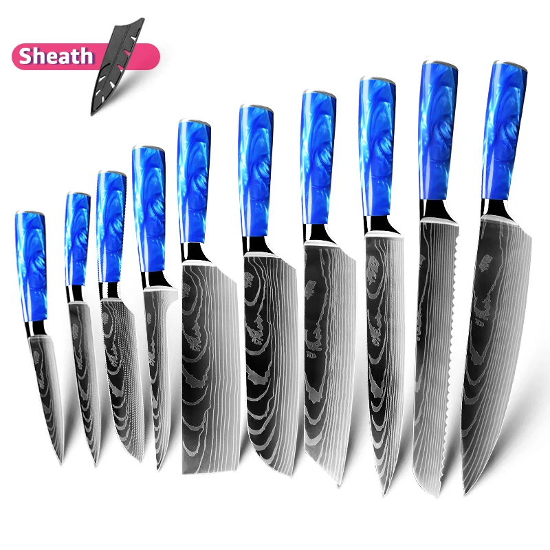 Kitchen Knives Set 1-10pcs Japanese Chef knife Blue Resin Handle 7CR17 Damascus Pattern Santoku Cleaver Slicing Utility Knives
Kitchen Knives Set 1-10pcs Japanese Chef knife Blue Resin Handle 7CR17 Damascus Pattern Santoku Cleaver Slicing Utility Knives