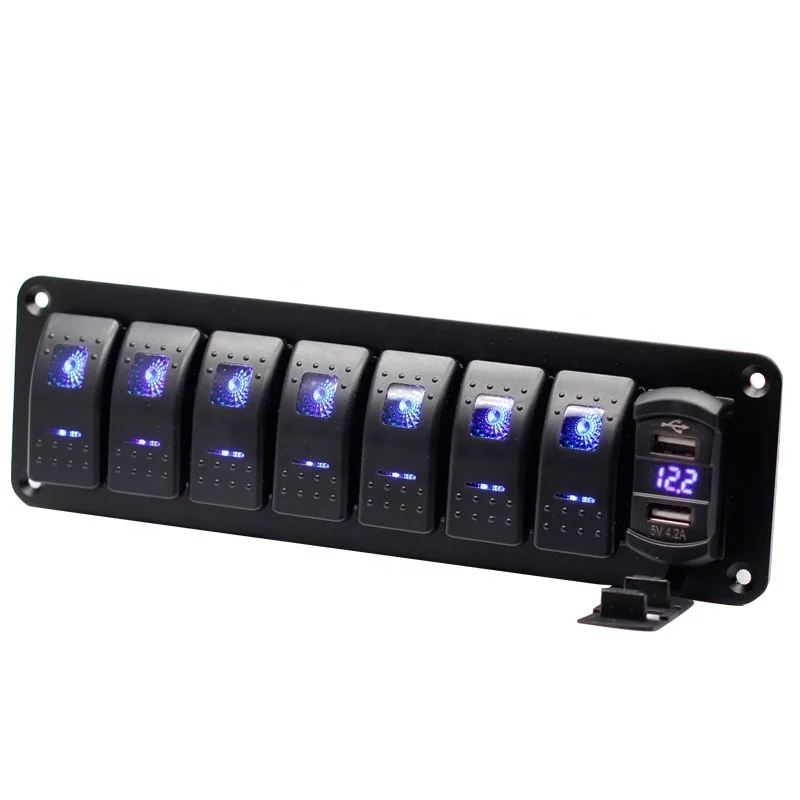 7 Gang Rocker Switch Panel with 4.2Amp Dual USB Charger Voltmeter Waterproof 12V 24V DC Rocker Switch with Night Glow Stickers
7 Gang Rocker Switch Panel with 4.2Amp Dual USB Charger Voltmeter Waterproof 12V 24V DC Rocker Switch with Night Glow Stickers