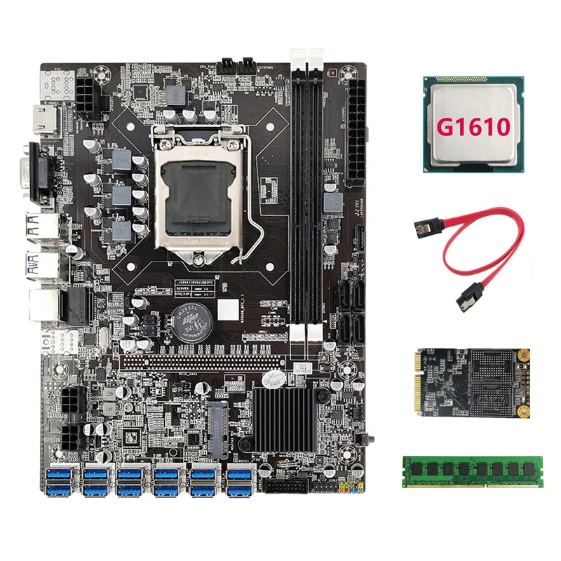 B75 ETH Mining Motherboard 12XPCIE To USB+G1610 CPU+DDR3 4GB 1600Mhz RAM+MSATA SSD 64G+SATA Cable BTC Miner Motherboard
B75 ETH Mining Motherboard 12XPCIE To USB+G1610 CPU+DDR3 4GB 1600Mhz RAM+MSATA SSD 64G+SATA Cable BTC Miner Motherboard