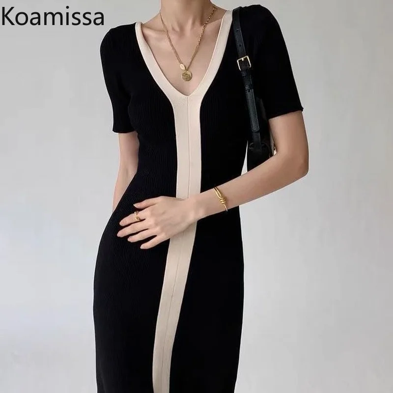 Koamissa Knitted Spring Summer Women Elegant Dress V-neck Short Sleeves Slim Bodycon Dresses Patchwork Office Lady Vestidos New
Koamissa Knitted Spring Summer Women Elegant Dress V-neck Short Sleeves Slim Bodycon Dresses Patchwork Office Lady Vestidos New
