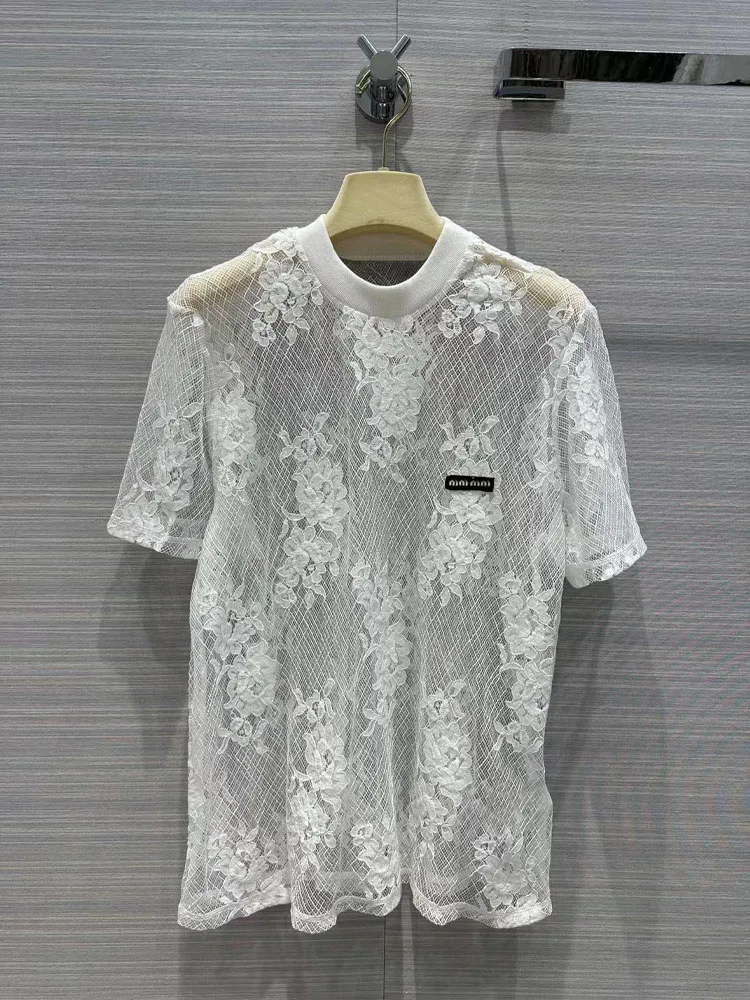 2023 Summer new design white printing lace short sleeve top sheer sexy loose T-shirt lace styles for ladies
2023 Summer new design white printing lace short sleeve top sheer sexy loose T-shirt lace styles for ladies