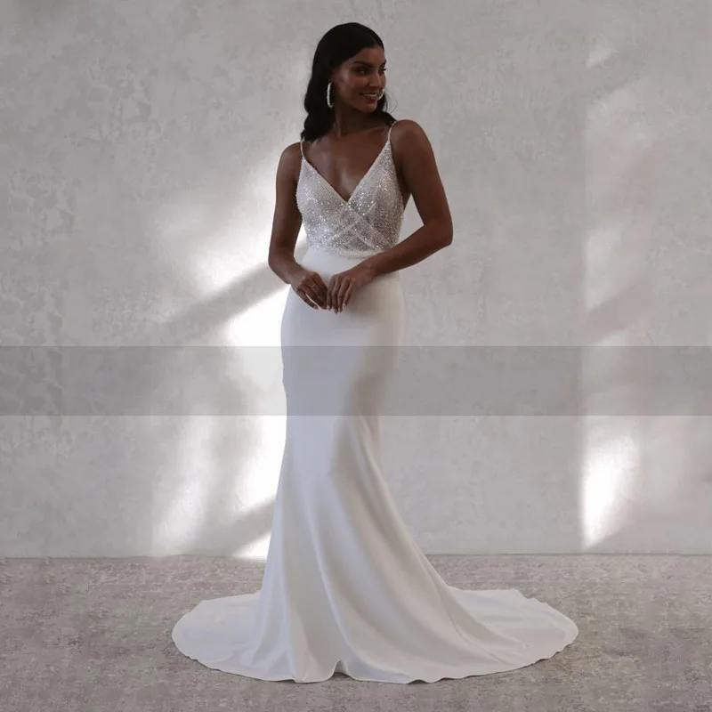 Mermaid Beach Glitter Wedding Dresses Sexy V-neck Backless Bride Dress Spaghetti Strap Boho White 2022 Customize For Women
Mermaid Beach Glitter Wedding Dresses Sexy V-neck Backless Bride Dress Spaghetti Strap Boho White 2022 Customize For Women