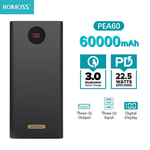 ROMOSS PEA60 22,5 Вт, внешний аккумулятор с быстрой зарядкой, 60000 мАч, портативный внешний аккумулятор PD3.0 QC3.0 для iPhone 15, 14, 13, Xiaomi HUAWEI