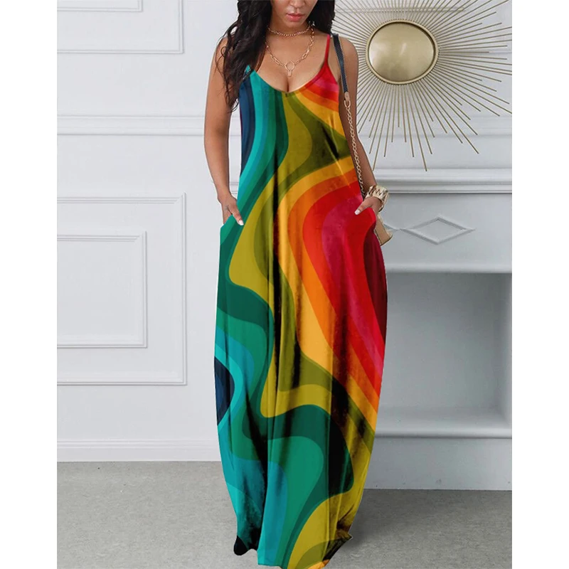 Summer Women Casual Loose Sling Sleeveless Long Dress Spaghetti Strap Abstract Print Pocket Design Maxi Dress
Summer Women Casual Loose Sling Sleeveless Long Dress Spaghetti Strap Abstract Print Pocket Design Maxi Dress