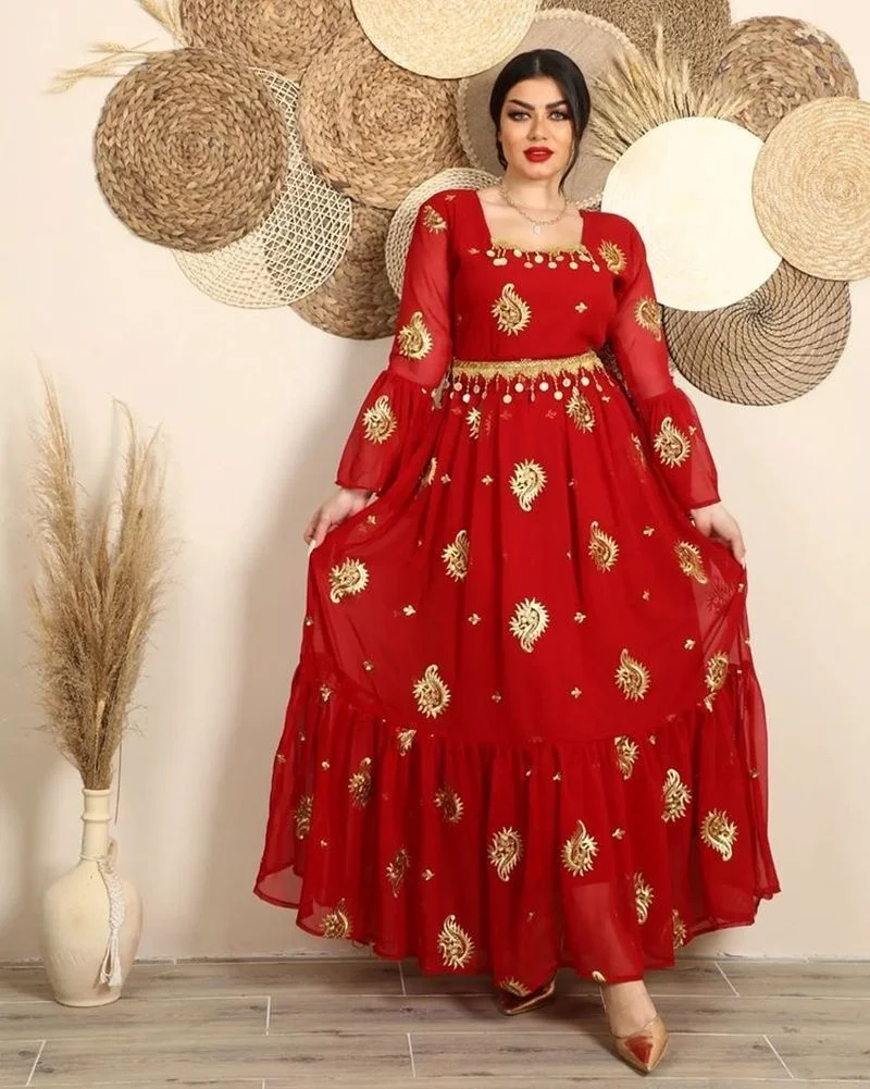 

Женское длинное платье с вырезом лодочкой, красное шифоновое платье-трапеция с вышивкой и принтом