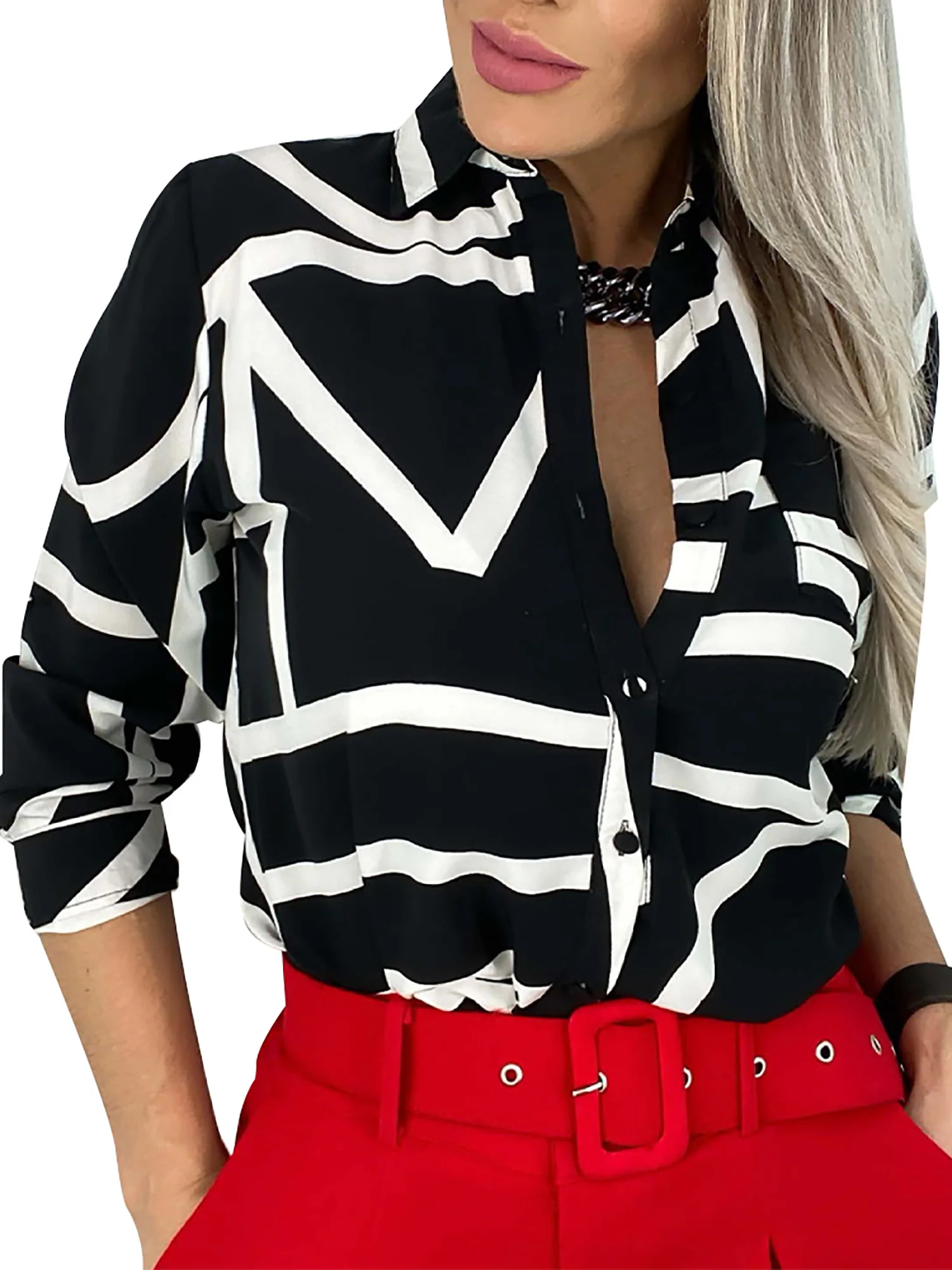 Elegant Women Long Sleeve Tunic Geometric Sleeve Button Turn-down Collar T Shirt Printing Single Breasted Office Lady Shirt
Elegant Women Long Sleeve Tunic Geometric Sleeve Button Turn-down Collar T Shirt Printing Single Breasted Office Lady Shirt