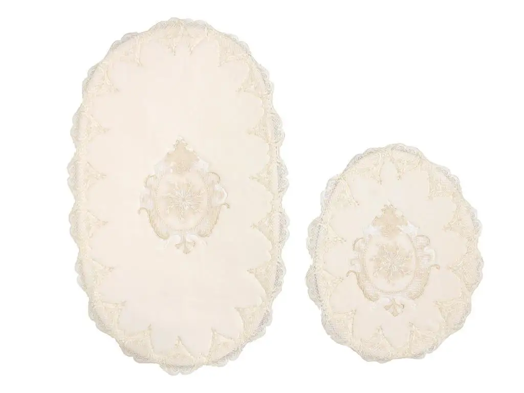 

Helena Oval Bath Mat Set 2pc Cotton French Lace Fabric Home Decor Interior Design Non-slip sole Elite Lux