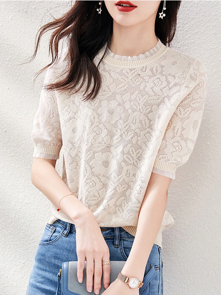 Women Knit Tops Short Sleeve Summer New Casual Lace Tshirt Hollow Out Solid Korean Fashion Thin Knitted Tee Shirt Female Clothes
Women Knit Tops Short Sleeve Summer New Casual Lace Tshirt Hollow Out Solid Korean Fashion Thin Knitted Tee Shirt Female Clothes