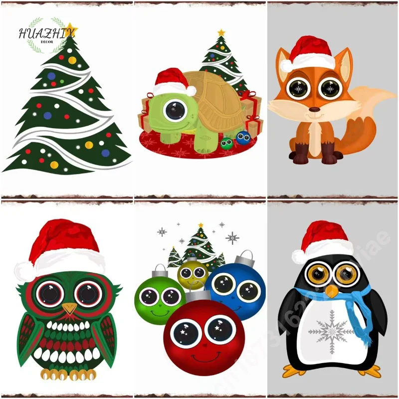 

Christmas Red Hat Animal Metal Signs Cartoon Frog Fox Turtle Penguin for Living Room Bedroom Home Decor Painting Tin Plaquess
