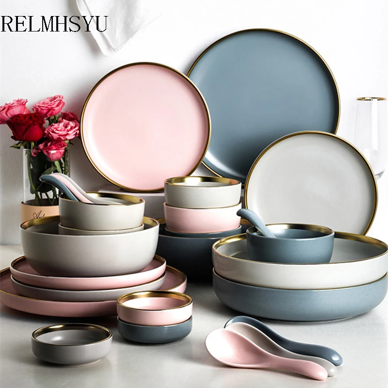 1PC RELMHSYU Nordic Style Ceramic Solid Color Plate Gold Inlay Rice Sooup Bowl Round Deep Steak Dinner Plate Tableware
1PC RELMHSYU Nordic Style Ceramic Solid Color Plate Gold Inlay Rice Sooup Bowl Round Deep Steak Dinner Plate Tableware