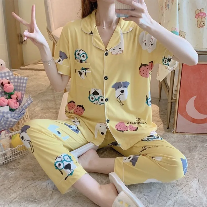 Summer New Cartoon Glasses Dog Print Women Pajamas Set Short Sleeve Cardigan Pyjamas 2 Piece Suit Female Lapel Home Sleepwear
Summer New Cartoon Glasses Dog Print Women Pajamas Set Short Sleeve Cardigan Pyjamas 2 Piece Suit Female Lapel Home Sleepwear