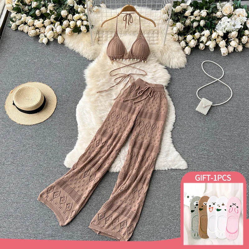 Sexy Women Clothing Pants and Top Summer Fashion European Style Hollow Knitted Breathable Backless Short Tops+ Wide Leg Pants
Sexy Women Clothing Pants and Top Summer Fashion European Style Hollow Knitted Breathable Backless Short Tops+ Wide Leg Pants