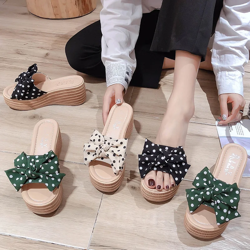 

Slippers Casual Shoes Platform Slides Butterfly-knot On A Wedge Slipers Women Heeled Mules Luxury Summer 2022 Soft Heels Wedges