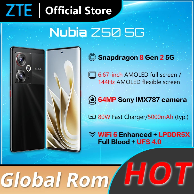 

Global rom Nubia Z50 5G 12GB RAM 256GB ROM 6.67'' 144Hz AMOLED flexible display Snapdragon 8 Gen 2 Octa Core 64MP Triple cameras