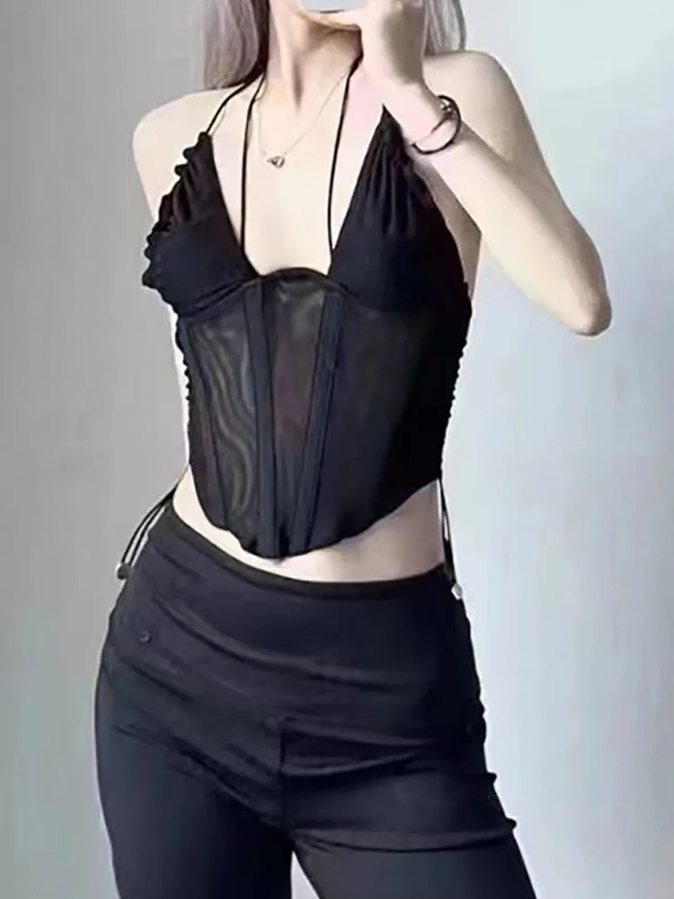 

2023 spring and summer new sexy waistband three-dimensional Slim V-neck corset fishbone fashion mesh undershirt camisole