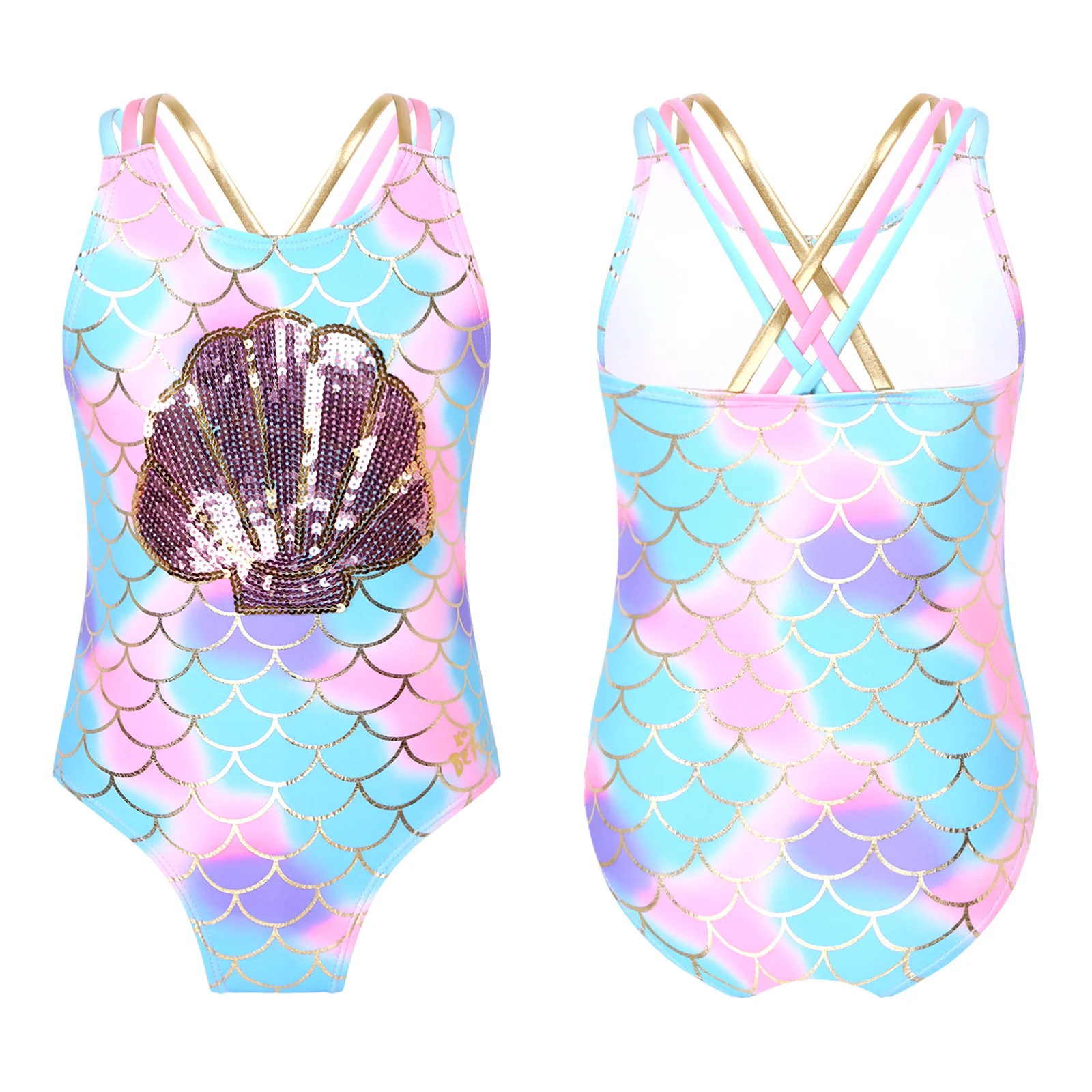 

Kids Girls Sleeveless Backless Swimwear Shell Fish Scales Print Sequins Mermaid Bodysuit Summer Swimsuit Bathing suit Beachwear