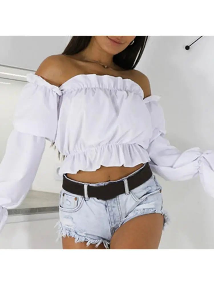 Girl Long Sleeve White Pleated Shirt Expose Shoulder Black shirt Summer New One Line Collar Strapless Lantern Women With Jeans
Girl Long Sleeve White Pleated Shirt Expose Shoulder Black shirt Summer New One Line Collar Strapless Lantern Women With Jeans