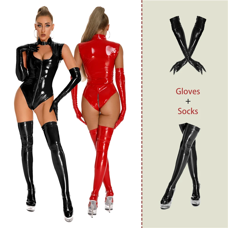 

AIIOU Women Latex Catsuit Sexy Wetlook Leather Bodysuit Mistress Porn Lingerie Zipper Open Crotch Leotard Pole Dance Clubwear