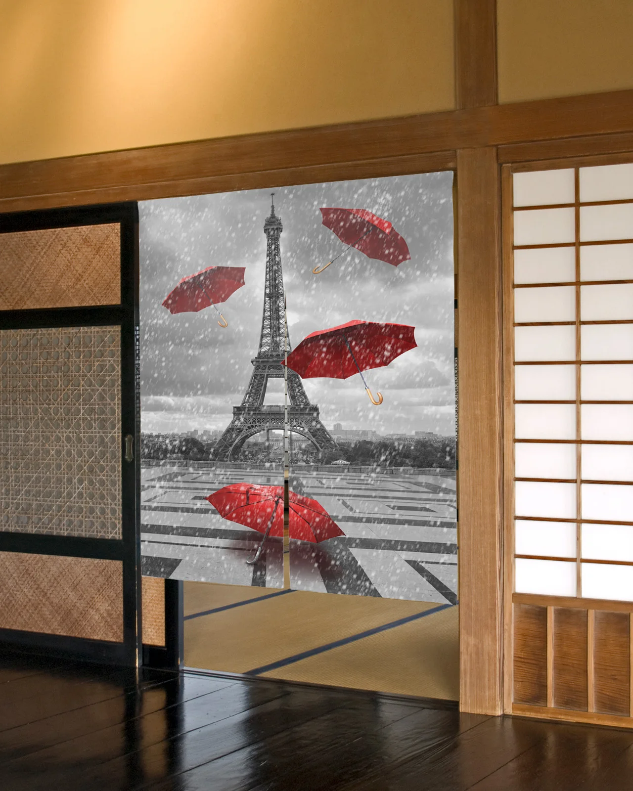

Paris Eiffel Tower Rainy Day Red Umbrella Japanese Door Curtain Restaurant Kitchen Entrance Partition Curtains Half-Curtain