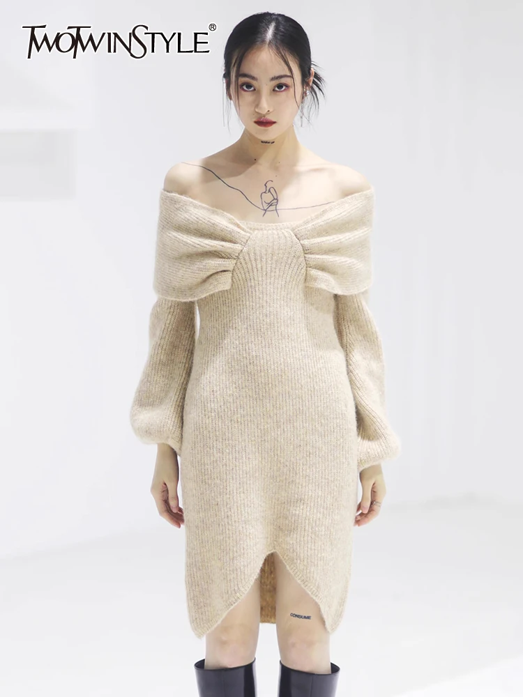 TWOTWINSTYLE Split Knitting Dresses For Women Slash Neck Cold Shoulder Long Sleeves High Waist Slimming Casual Dress Female New 
TWOTWINSTYLE Split Knitting Dresses For Women Slash Neck Cold Shoulder Long Sleeves High Waist Slimming Casual Dress Female New