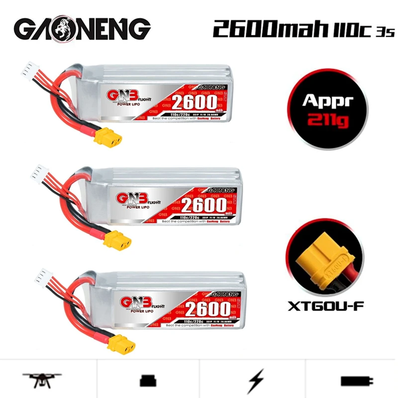 Gaoneng GNB Lipo Battery 2600mAh 3S1P 11.1V 110C/220C For RC Helicopter Quadcopter RC FPV Racing Drone parts With XT60 Connetor
Gaoneng GNB Lipo Battery 2600mAh 3S1P 11.1V 110C/220C For RC Helicopter Quadcopter RC FPV Racing Drone parts With XT60 Connetor