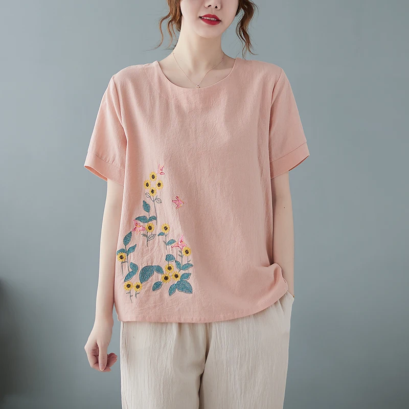 Cotton Linen Women's T-shirt Summer Loose Short Sleeve Top Embroidery Print Casual Fashion O-neck Tees Movafag 
Cotton Linen Women's T-shirt Summer Loose Short Sleeve Top Embroidery Print Casual Fashion O-neck Tees Movafag