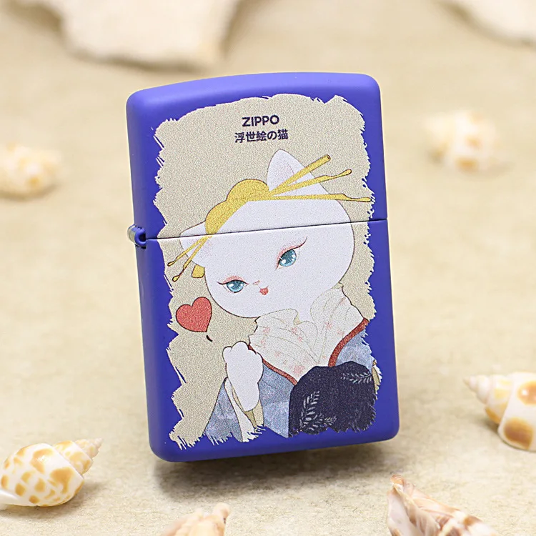 

Genuine Zippo Blue paint ukiyo cat oil lighter copper windproof cigarette Kerosene lighters Gift with anti-counterfeiting code