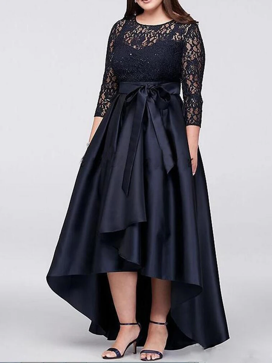 

Темно-синее платье с высоким низким вырезом и кружевной отделкой, идеально подходит для матери невесты, элегантного вечера и особых случаев
