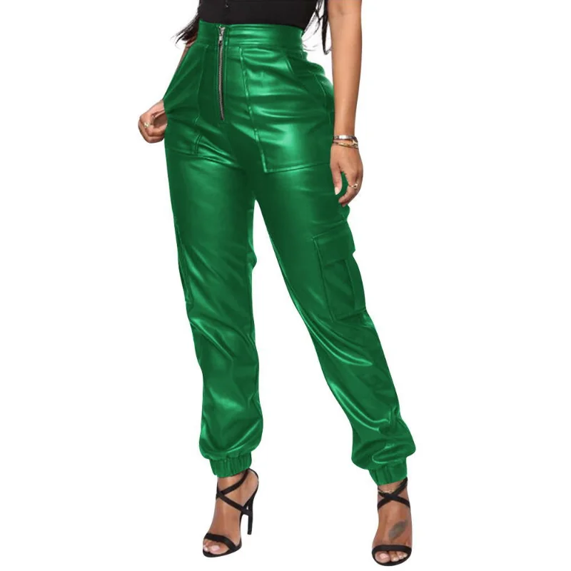 

WUHE Elegant PU Leather Cargo Pants Women Zipper Fly High Waist Pockets Elastic Cuff Casual Trousers Streetwear Club Bottoms