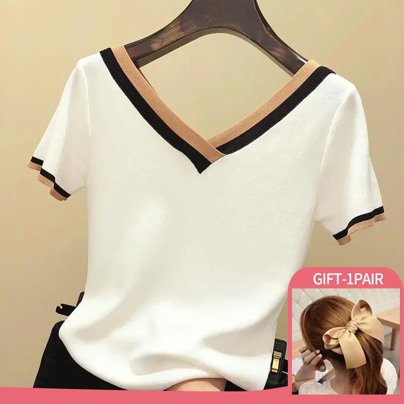 2022 Summer New Korean Fashion Women's T-shirt Thin Knitted Striped V-neck Solid Color Top Slim Short Sleeve Plus Size Clothes
2022 Summer New Korean Fashion Women's T-shirt Thin Knitted Striped V-neck Solid Color Top Slim Short Sleeve Plus Size Clothes