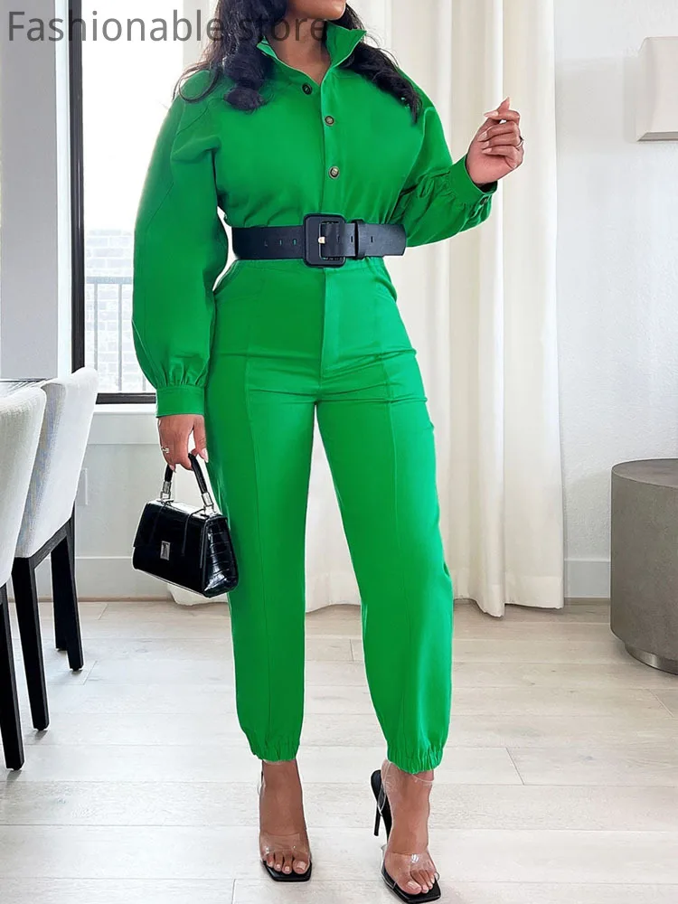 

Women Solid Color Romper Turndown Collar SIngle Breasted Long Sleeve Straight Jumpsuits Overalls Cargo Pants Without Belt