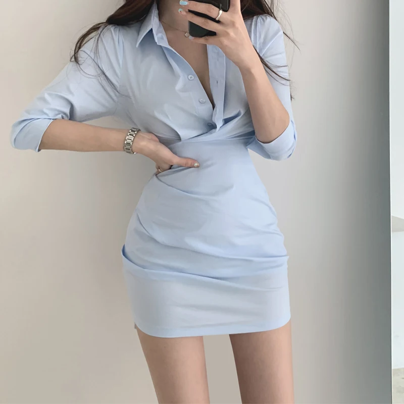 2023 Korean Spring Chic Sexy Slim Shirt Dress Women Fashion Cotton Mini Short Dresses Ladies Pink Clothing 
2023 Korean Spring Chic Sexy Slim Shirt Dress Women Fashion Cotton Mini Short Dresses Ladies Pink Clothing