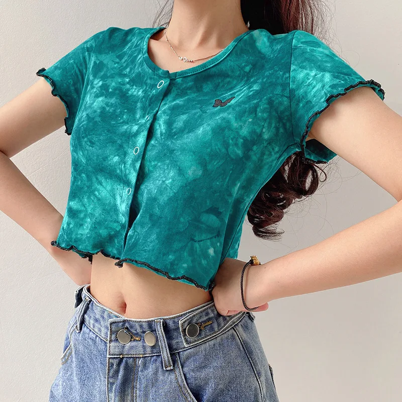 2021 Woman Tie Dye Crop Tops Sexy Butterfly Embroidery Short T-shirt Blue Cute Cardigan Harajuku Single Breasted Tops Streetwear
2021 Woman Tie Dye Crop Tops Sexy Butterfly Embroidery Short T-shirt Blue Cute Cardigan Harajuku Single Breasted Tops Streetwear