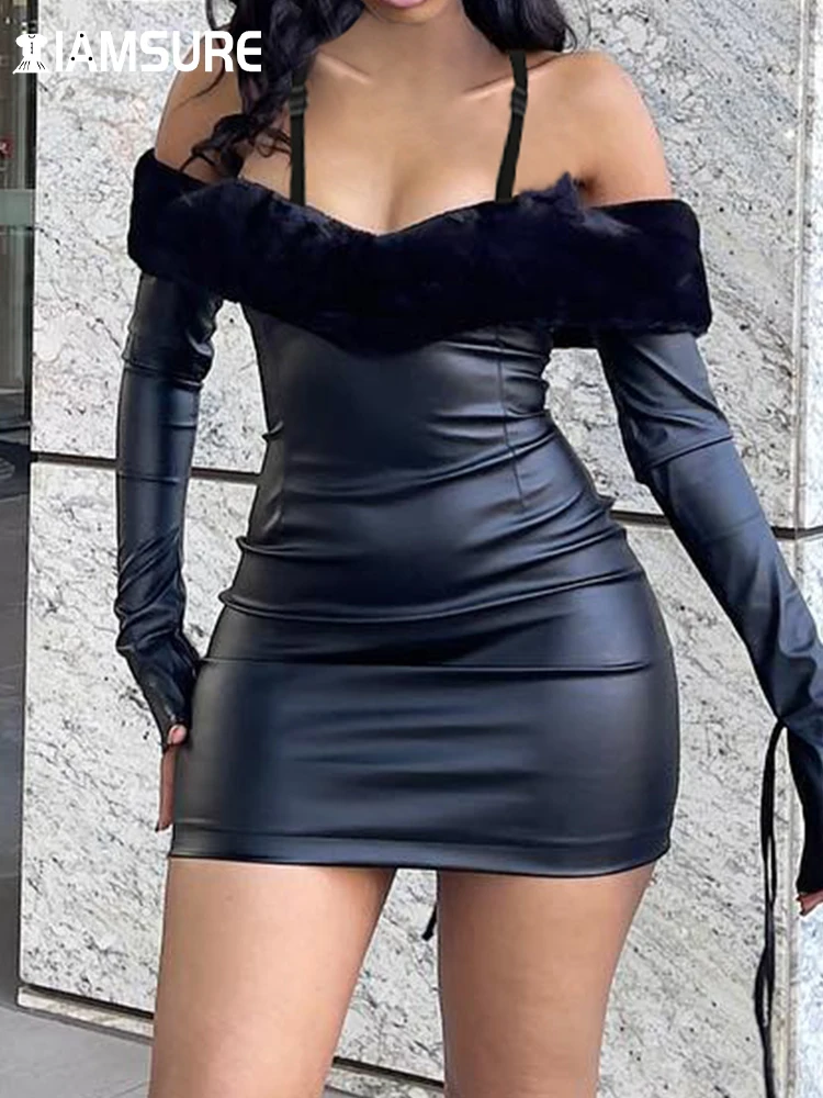 IAMSURE Sexy Patchwork Fur Collar Bodycon Dress Slim Solid PU Leather Slash Neck Long Sleeve Mini Dresses For Women 2023 Autumn
IAMSURE Sexy Patchwork Fur Collar Bodycon Dress Slim Solid PU Leather Slash Neck Long Sleeve Mini Dresses For Women 2023 Autumn