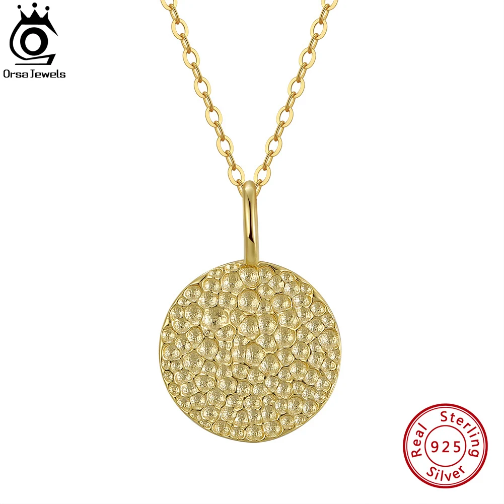 

ORSA JEWELS Silver 925 Circle Disc Hammered Pendant Necklace for Women 14K Gold Simple Coin Necklace Handmade Jewelry APN05