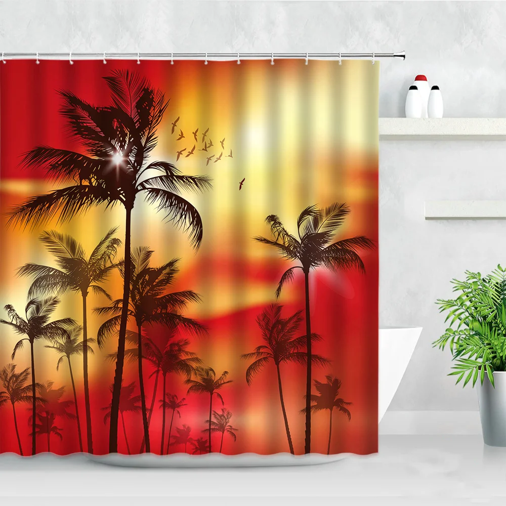 

Dusk Sunset Beach Shower Curtains 3D Print Tropical Ocean Palm Tree Sea Scenery Bathtub Screen Decor Waterproof Bathroom Curtain