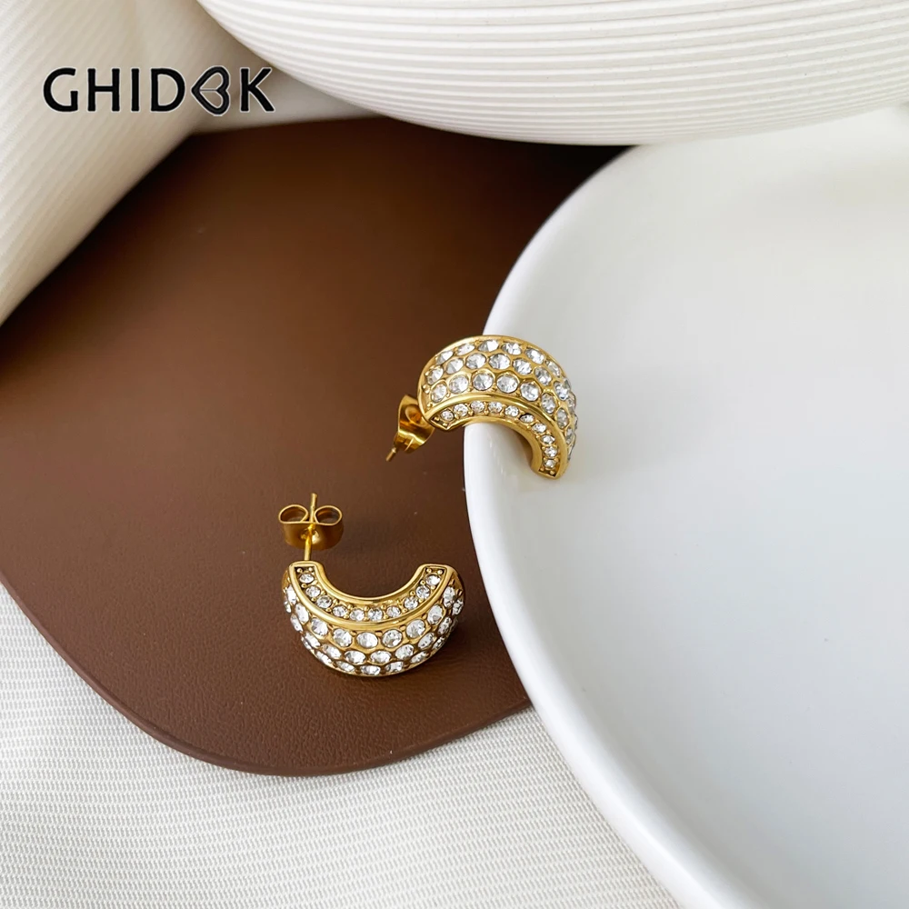 

Ghidbk 316L Stainless Steel 18K Gold Plated Pave Cz Rhinestones Dome Stud Earrings for Lady Water-Resistant Party Jewellery