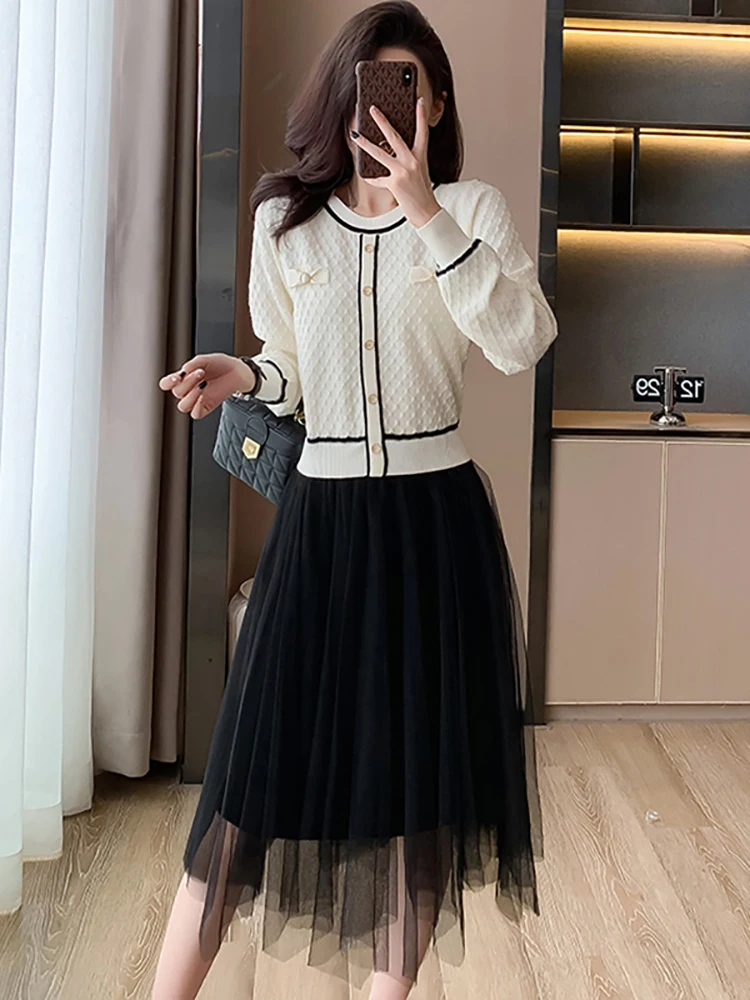 

Женское винтажное платье в стиле Хепберн, элегантное облегающее длинное трикотажное черное платье составного кроя белого цвета в Корейском стиле на осень и зиму, 2023