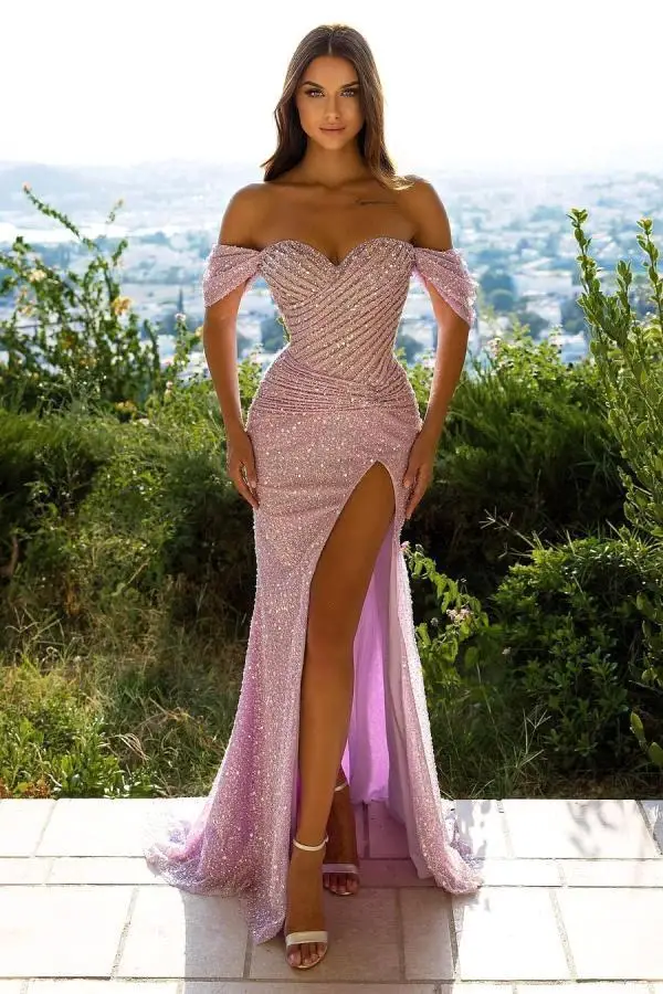 

2022 Luxury Pink Sequined Fishtail Evening Dress Off-the-Shoulder Sequins and Rhinestones Vestidos Formal Celebrity Dress