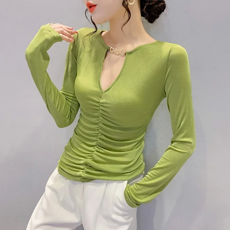 #5759 Black Red Green Folds V-neck Women's T-shirt Sexy Skinny Tee Shirt Femme Korean Style Elastic T-shirt Femme Spring Autumn
#5759 Black Red Green Folds V-neck Women's T-shirt Sexy Skinny Tee Shirt Femme Korean Style Elastic T-shirt Femme Spring Autumn