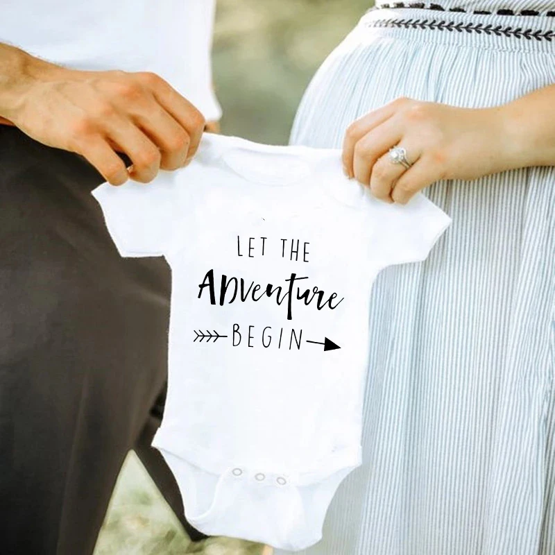 

Pregnancy Reveal Let The Adventure Begin Newborn Baby Bodysuits Cotton Short Sleeve Boys Girls Rompers Summer Infant Clothes