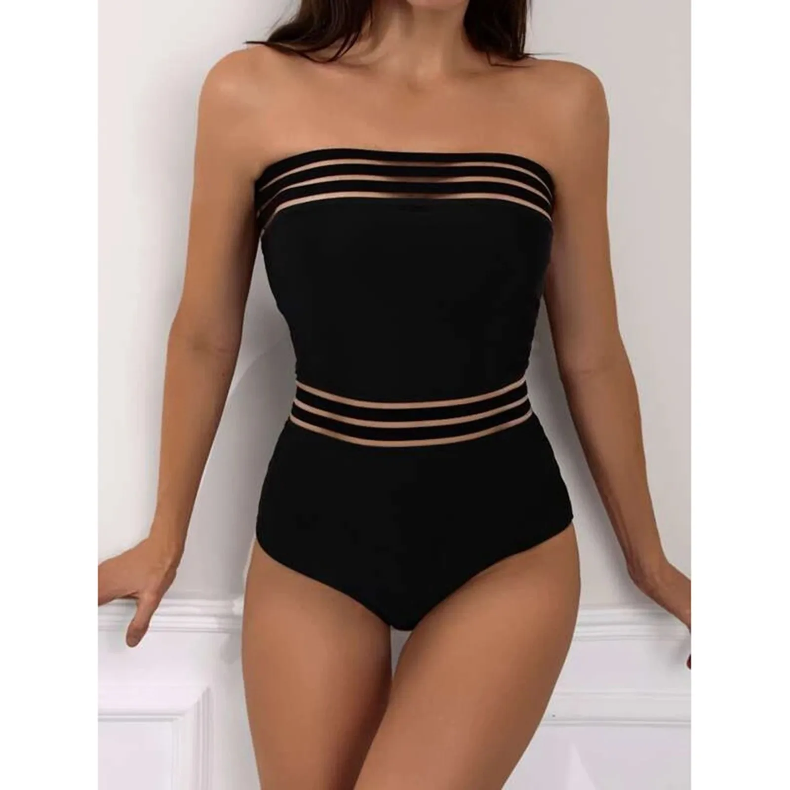 

Sexy One Piece Swimsuit Women Black Pink Blue Strapless Hollow Tankini High Waist Push-Up Tummy Control Swimwear Monokini