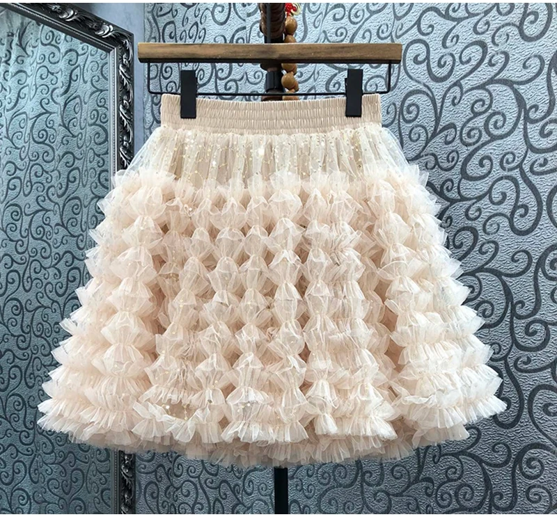 

Ball Gown Skirts 2023 Summer Fashion Style Ladies Elastic Waist Sequined Deco Cascading Ruffle Sexy Mini Party Club Skirts