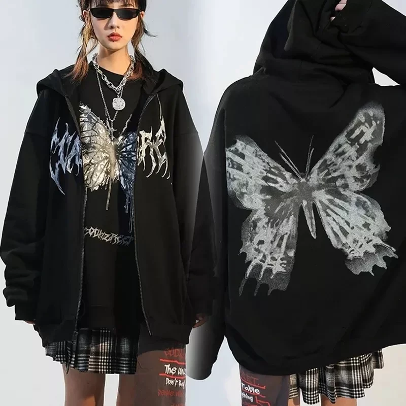 Goth Dark Butterfly Print Hoodies Women Grunge Punk Loose Zip Up Jacket Coat Autumn Hip Hop Hoody Y2K Harajuku Couple Streetwear
Goth Dark Butterfly Print Hoodies Women Grunge Punk Loose Zip Up Jacket Coat Autumn Hip Hop Hoody Y2K Harajuku Couple Streetwear